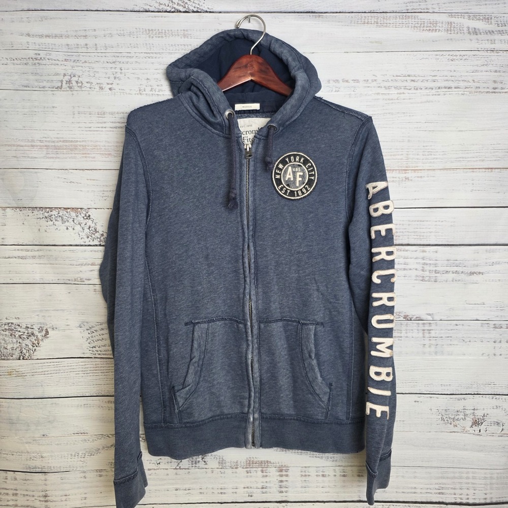 Abercrombie & Fitch Full Zip Hoodie Sweatshirt Men's Size Medium Blue Distressed